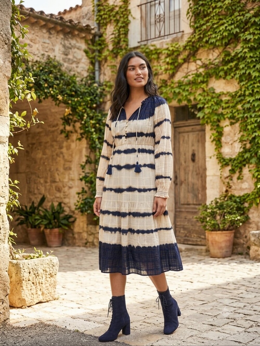 Anthropologie Blue and Cream Pleated Sundress with Bishop Sleeves
